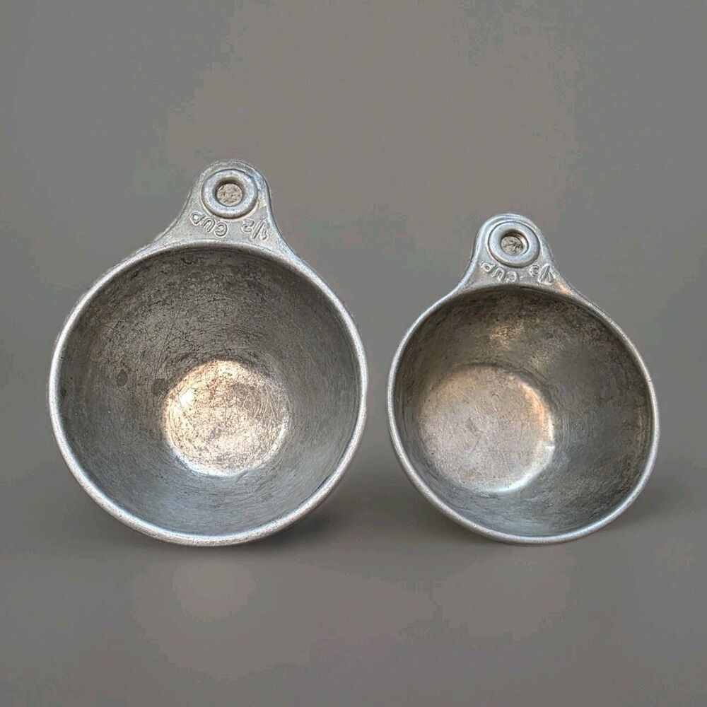 Vintage Collectible Set of 2 Metal Nesting Measuring Cups Rustic Patina Folk Art